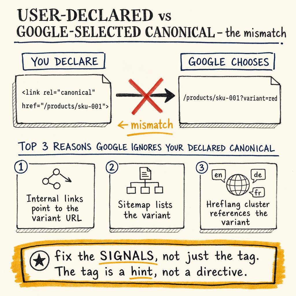 Diagram comparing user-declared and Google-selected canonical URLs with mismatch reasons