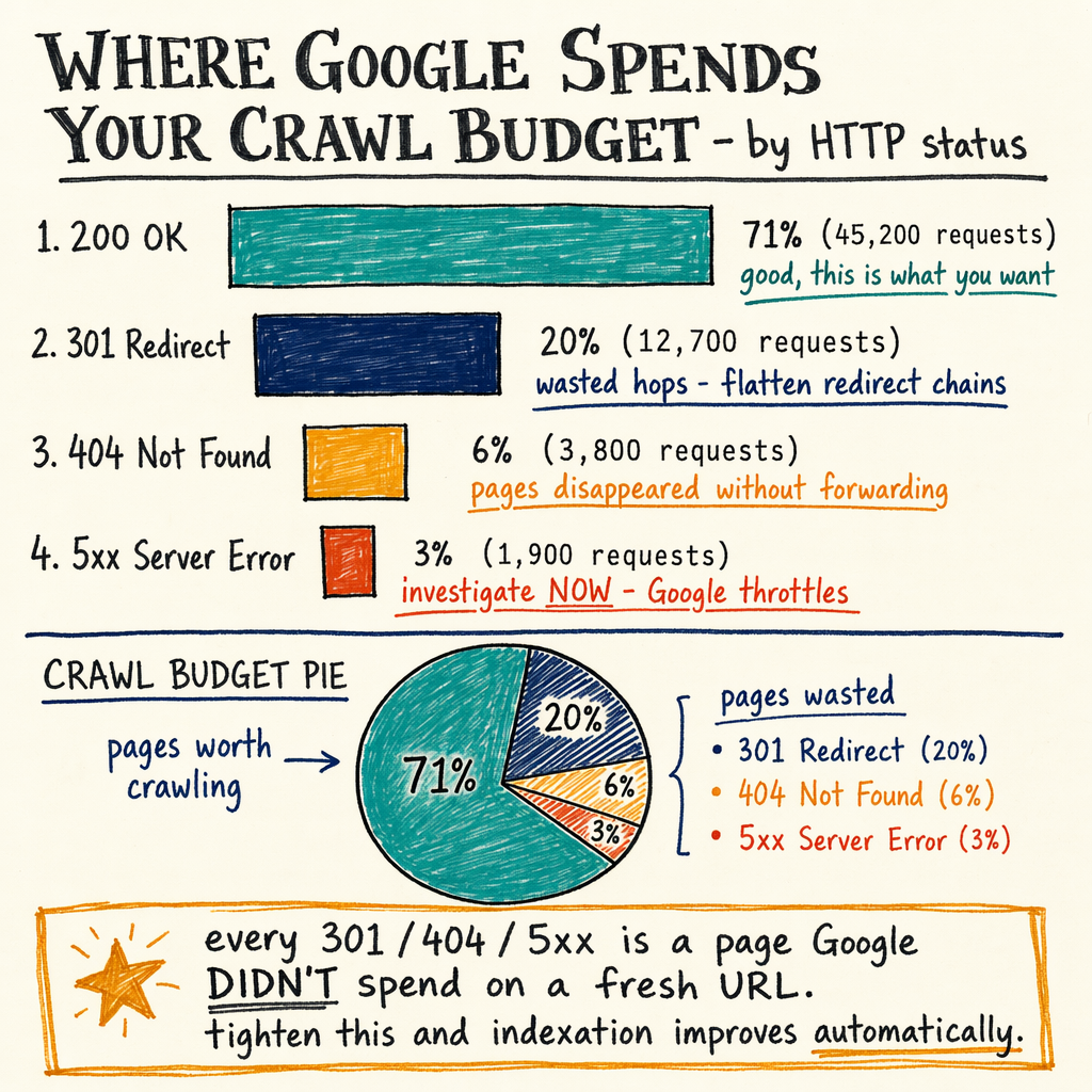 Infographic showing Google crawl budget by HTTP status, with bar and pie charts