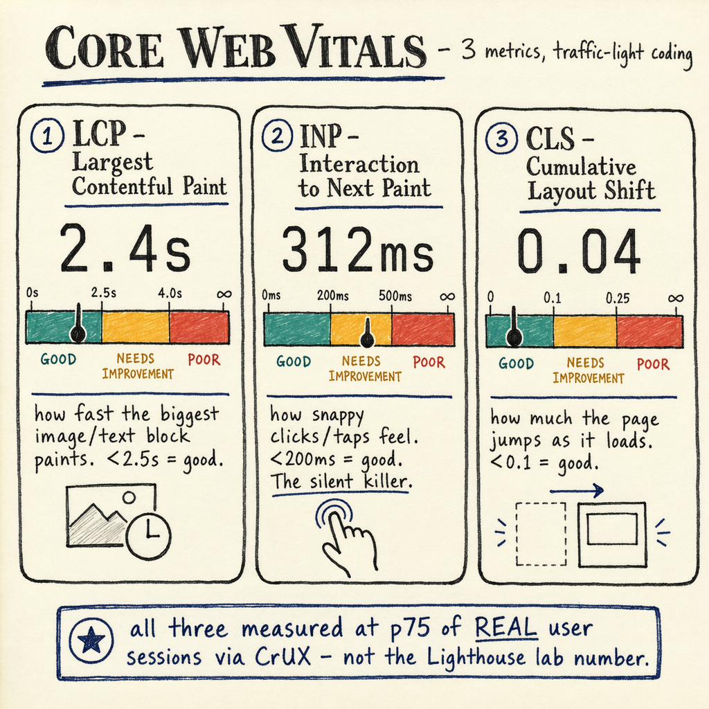 Hand-drawn Core Web Vitals chart showing LCP, INP, and CLS metrics