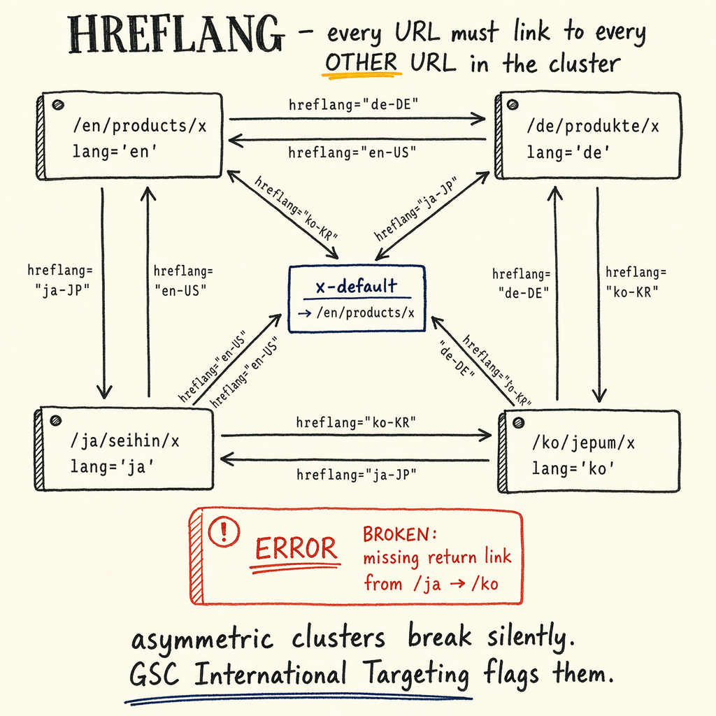 Hreflang cluster diagram showing reciprocal links between language-specific URLs and an x-default page