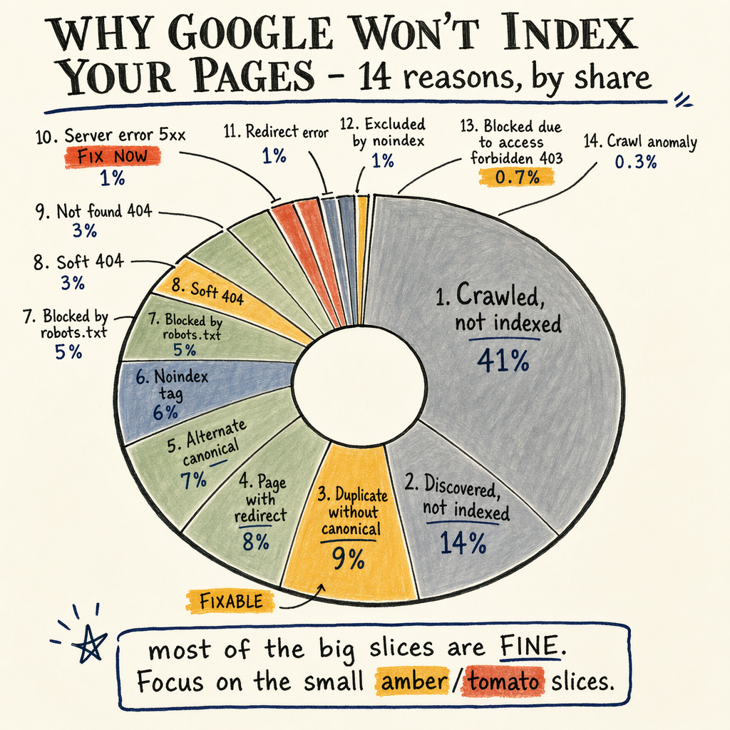 Donut chart titled "Why Google won't index your pages" showing 14 indexing reasons by share