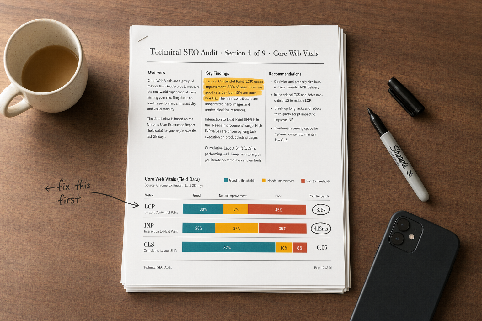 Technical SEO audit page showing Core Web Vitals findings, recommendations, and field data bars