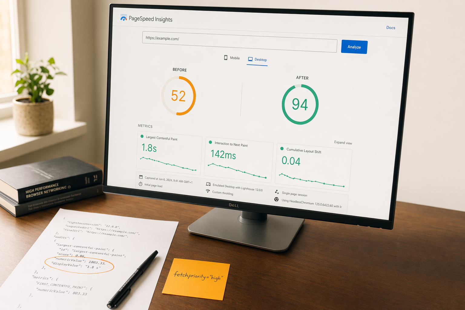 Google PageSpeed Insights dashboard comparing before and after performance scores and metrics