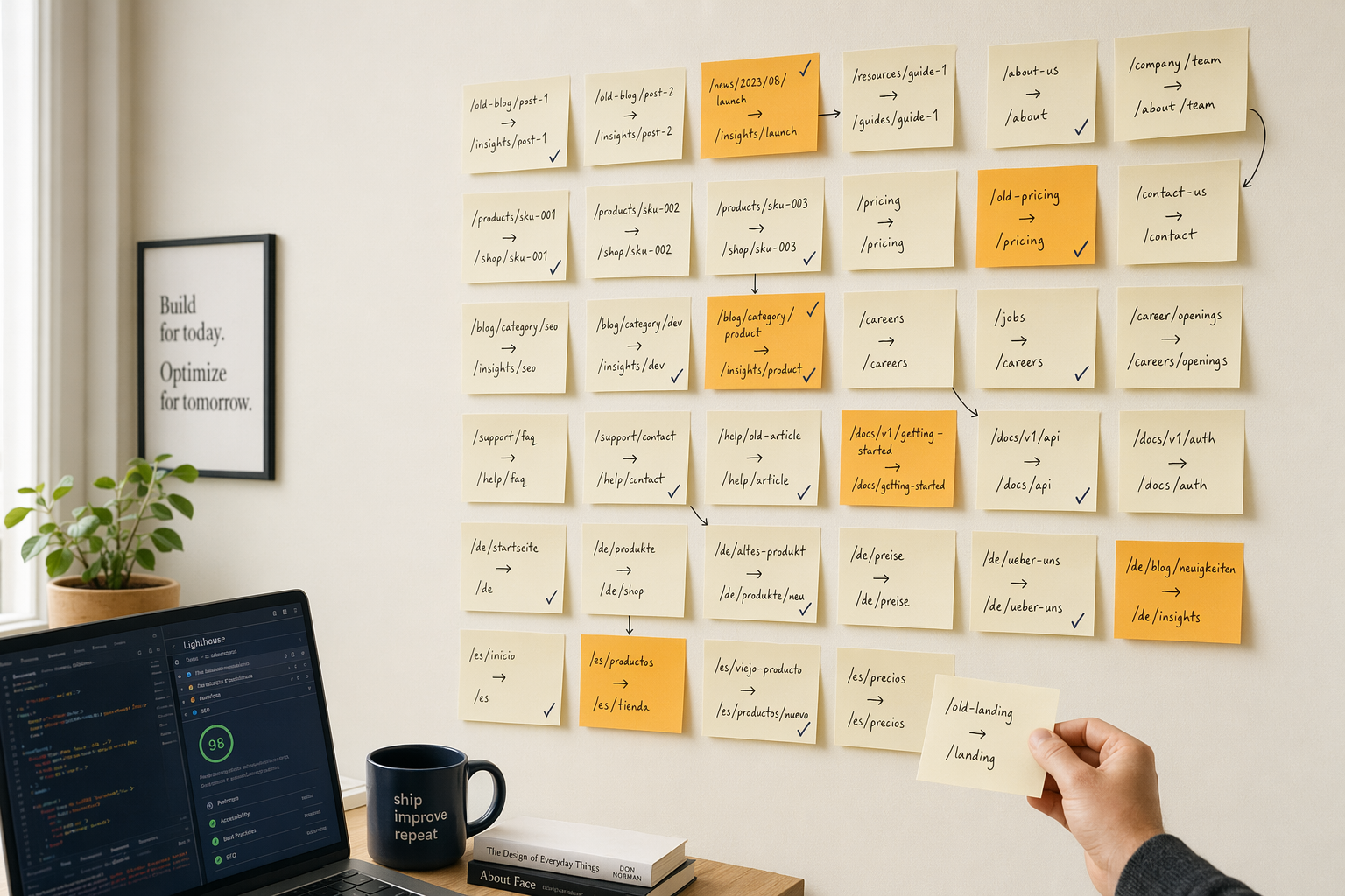 Sticky notes map old website URLs to new redirected URLs