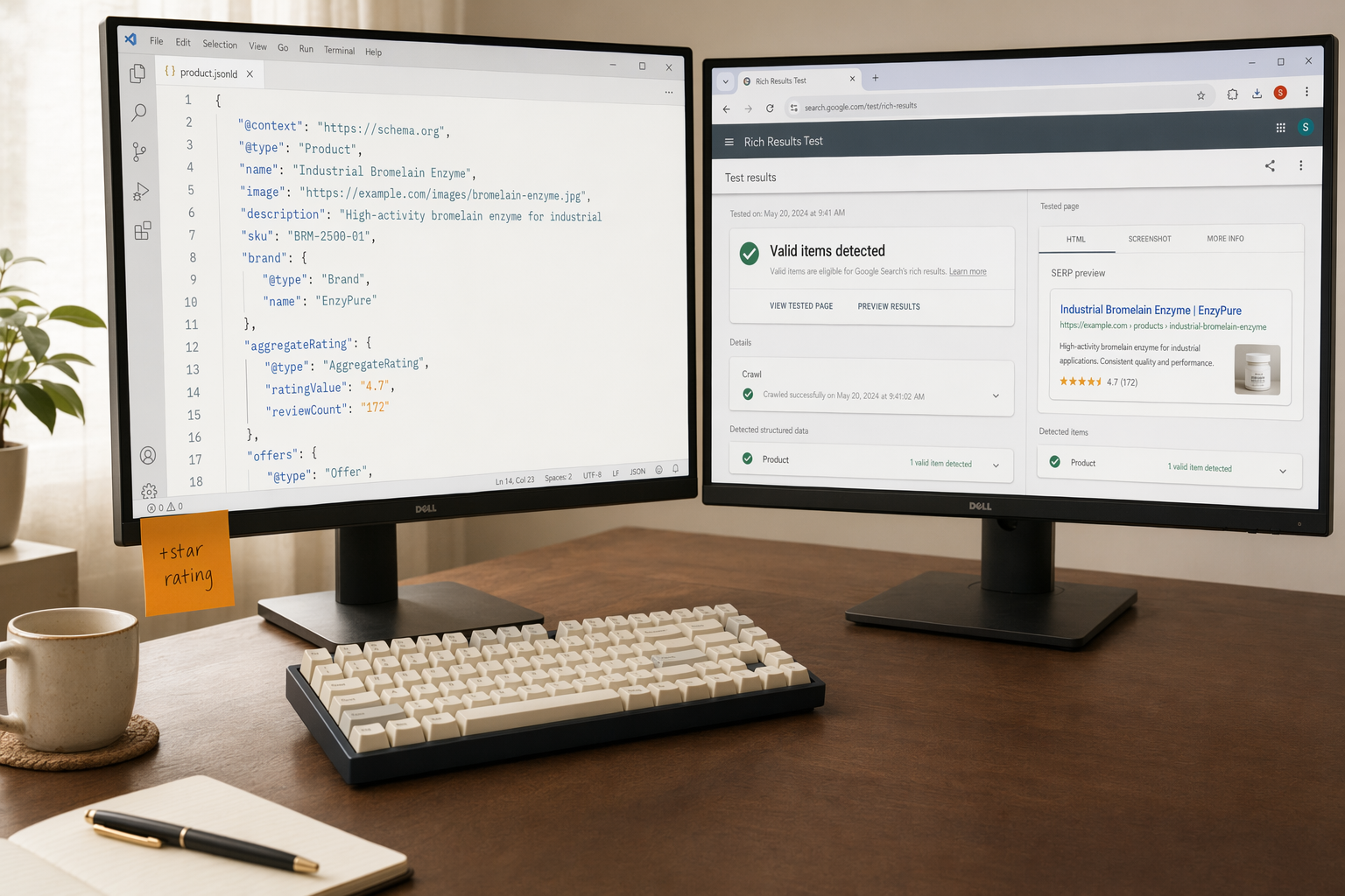 Dual monitors show product schema JSON and Google Rich Results Test validation