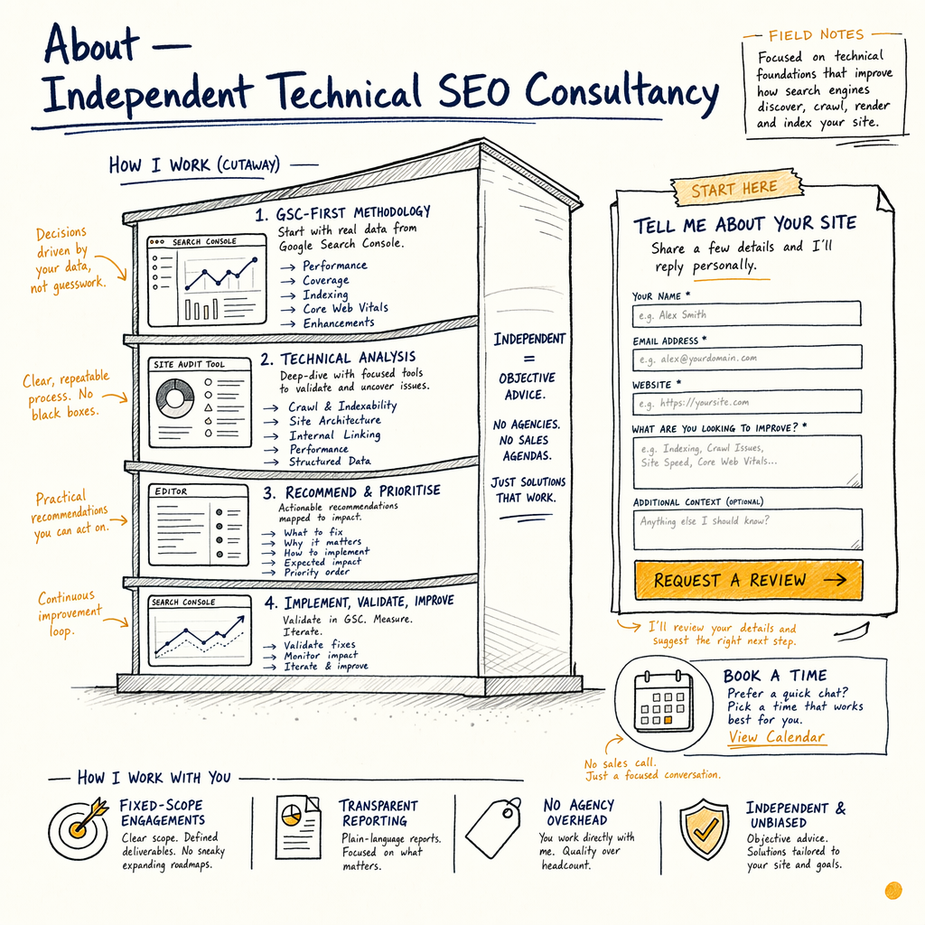 Hand-drawn website layout showing technical SEO consultancy process and contact form