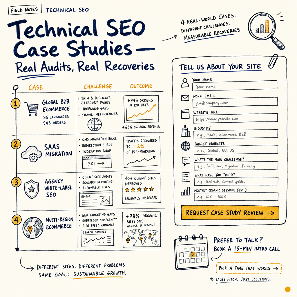 Hand-drawn technical SEO case studies with four cases and a site review form