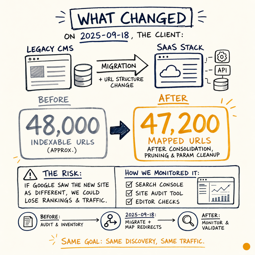 Technical SEO migration diagram showing legacy CMS to SaaS stack and URL count changes