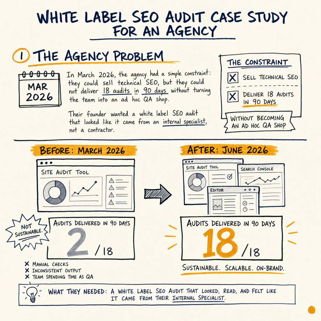 Whiteboard-style case study comparing before and after white-label SEO audit delivery