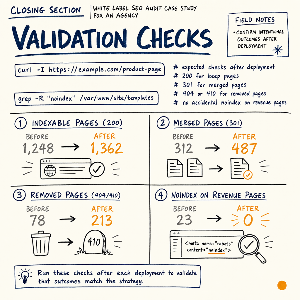 Hand-drawn validation checks diagram for SEO audit deployment outcomes, with four before-and-after metrics