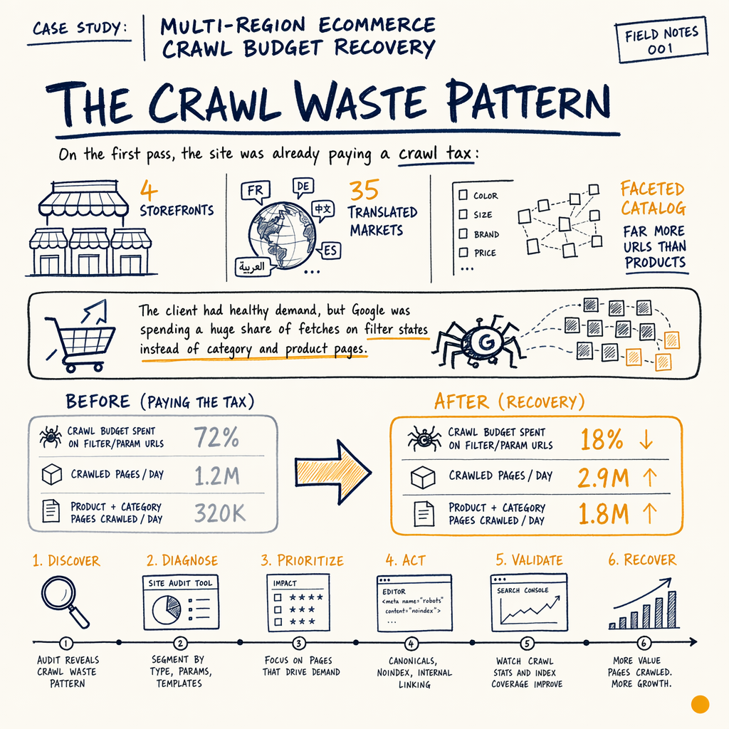 Diagram of crawl waste pattern showing before-and-after crawl budget recovery metrics