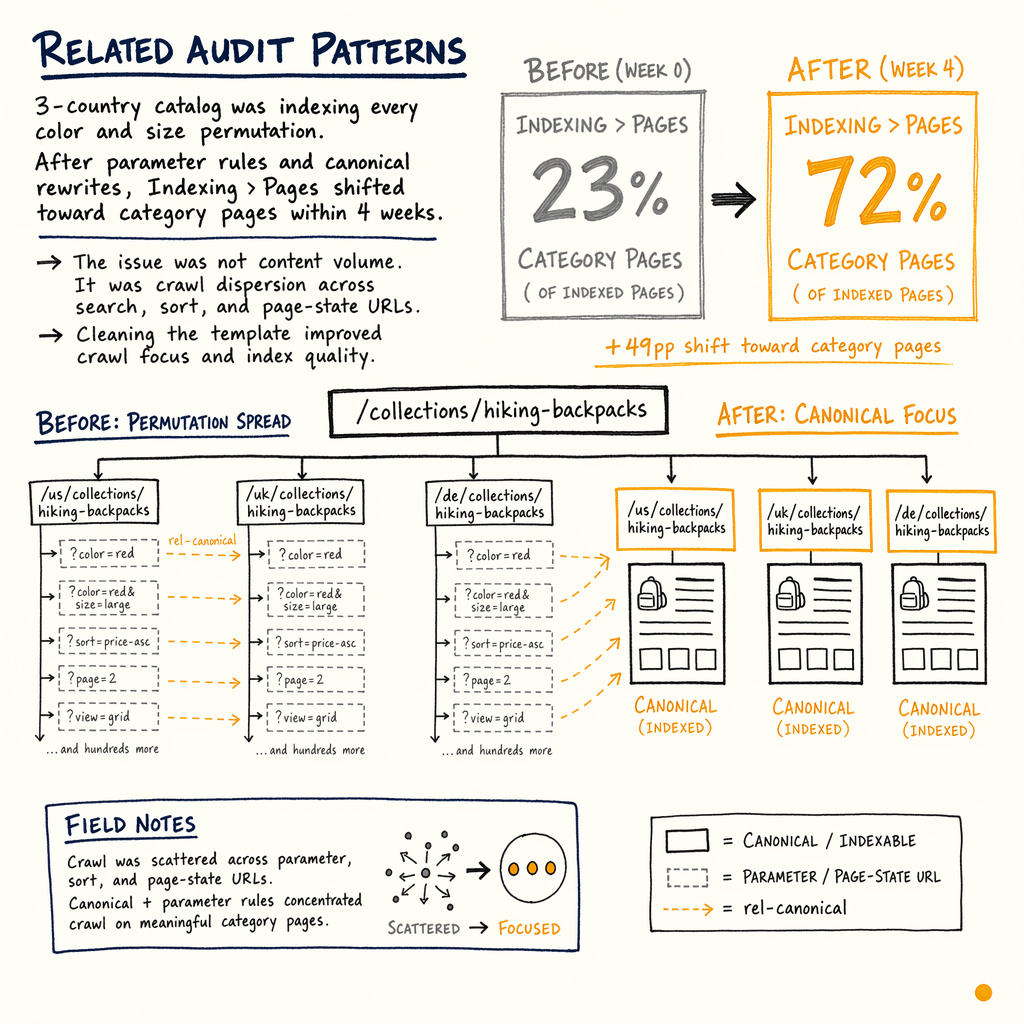 Technical-SEO diagram showing parameter URLs shifting indexing from permutations to canonical category pages