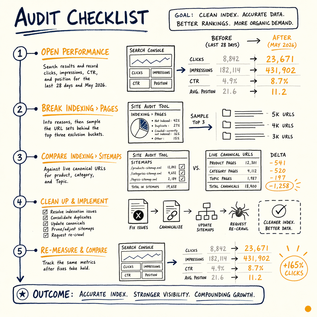 Hand-drawn SEO audit checklist showing indexing, sitemap comparison, cleanup, and performance metrics