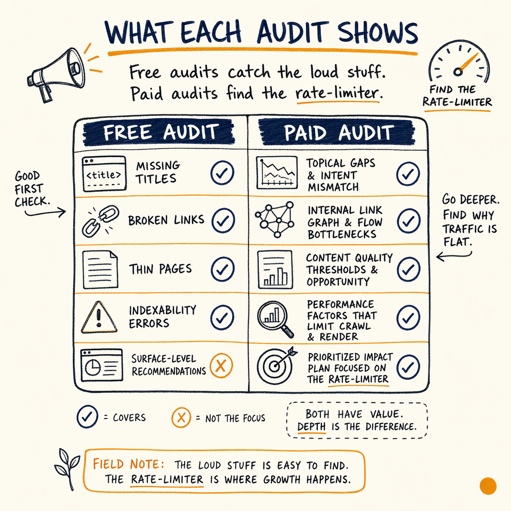 Comparison chart of free versus paid SEO audits, showing different issues each covers