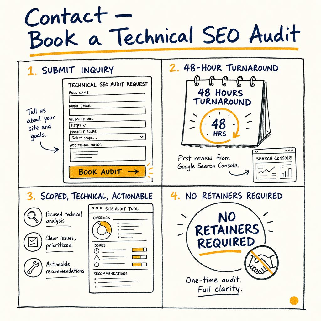 Four-step technical SEO audit contact page with form, turnaround, analysis, and no-retainer message