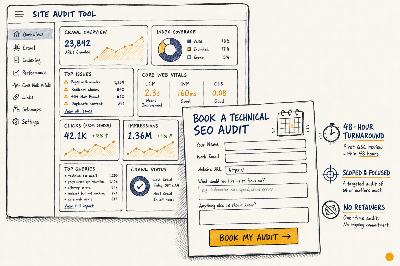Hand-drawn site audit dashboard with SEO metrics and audit booking form