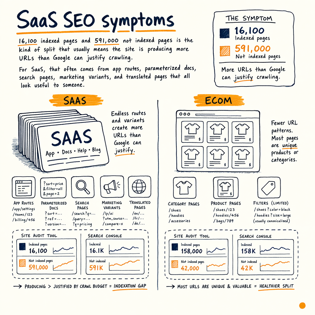 Hand-drawn infographic comparing SaaS and ecommerce SEO symptoms with indexed and non-indexed pages