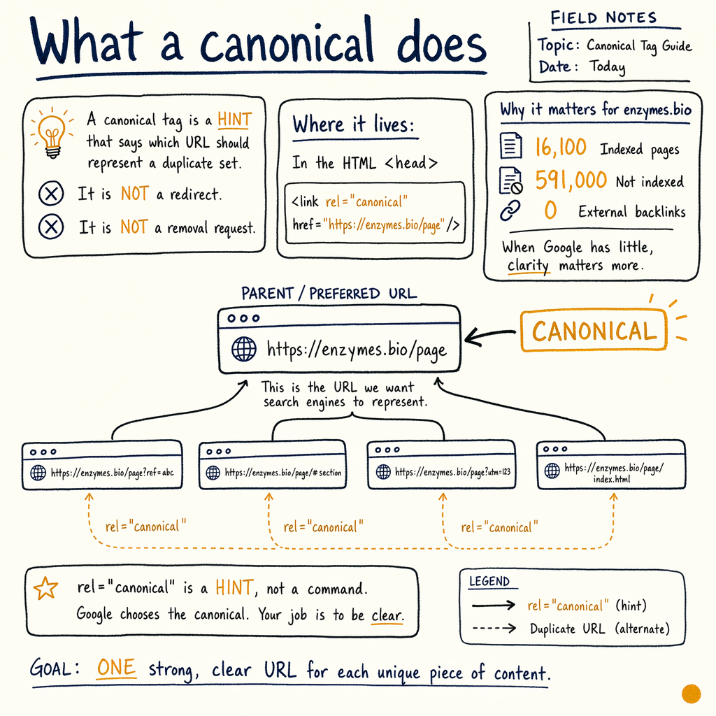Hand-drawn SEO explainer showing canonical tags, preferred URL, and duplicate URL examples