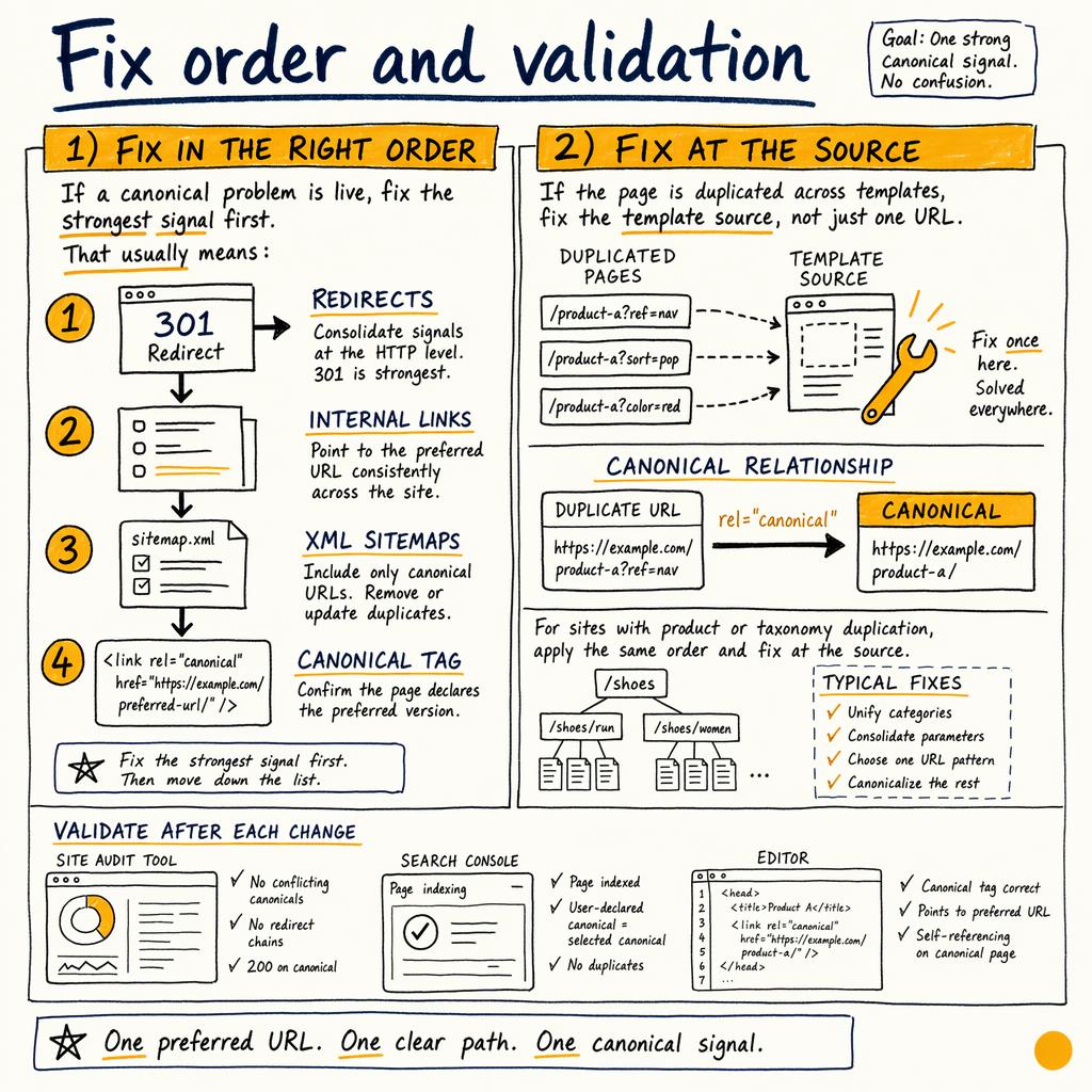 Hand-drawn SEO diagram explains fixing canonical issues in order and at the source