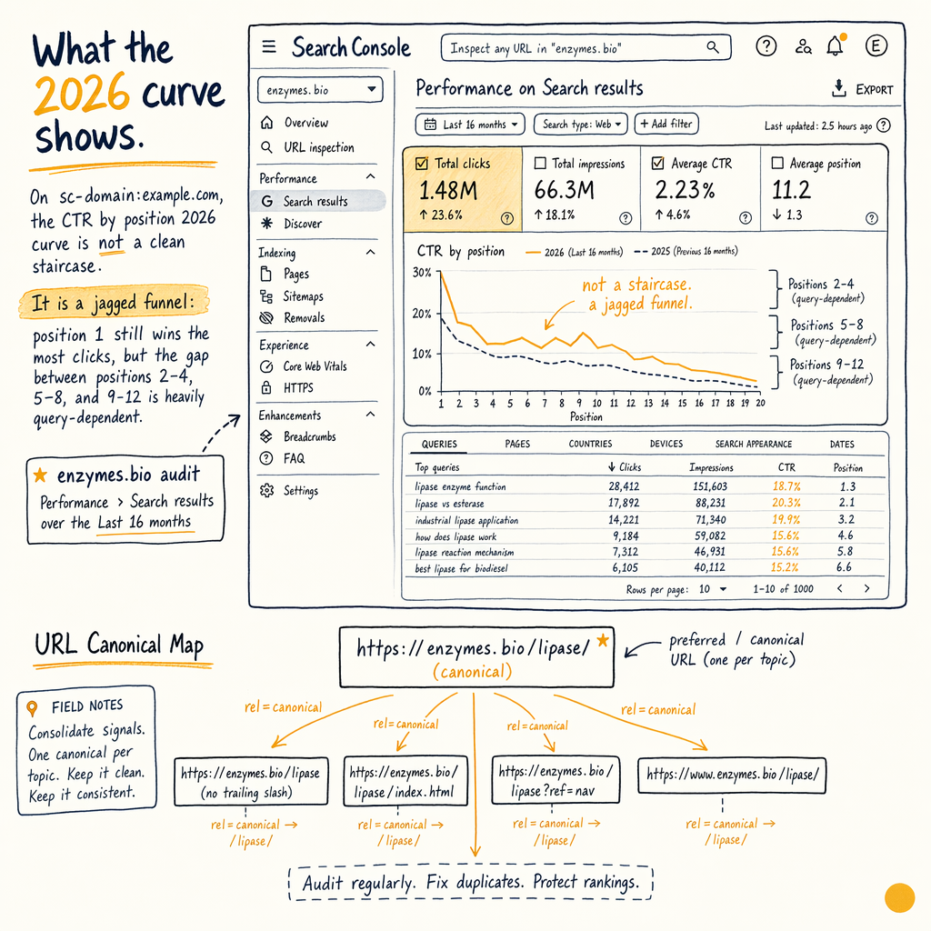 Annotated Search Console dashboard showing CTR by position and a URL canonical map