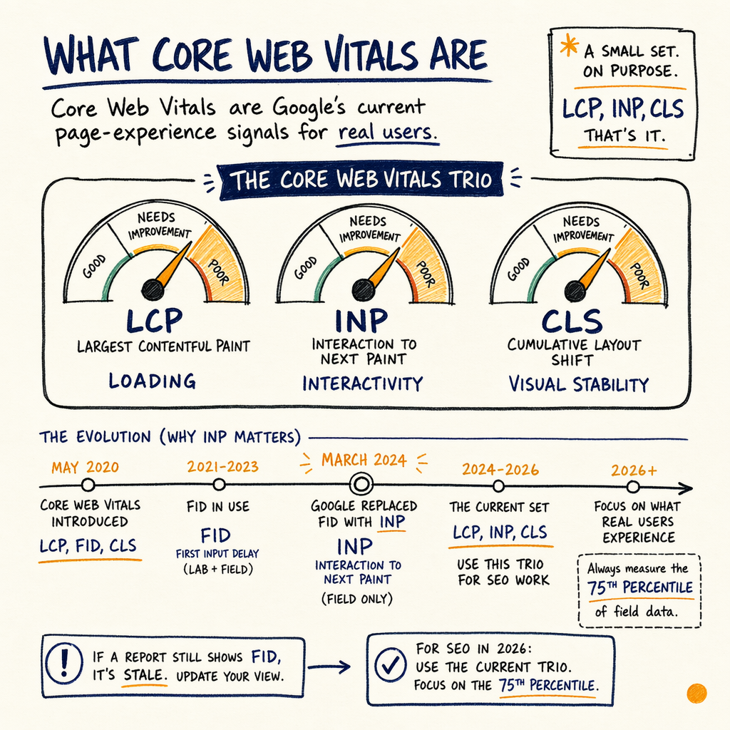 Diagram explaining Core Web Vitals trio: LCP, INP, and CLS with gauges and timeline