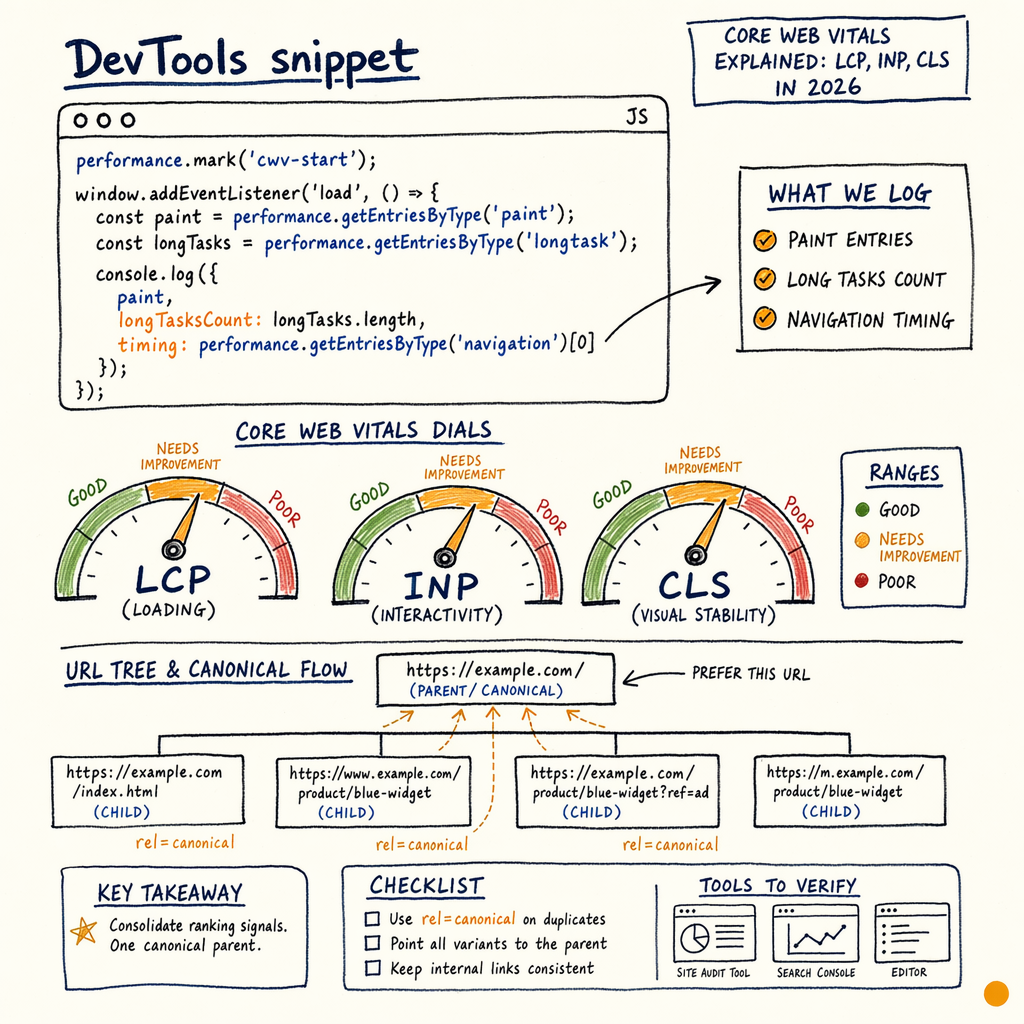 Hand-drawn SEO diagram showing DevTools logging, Core Web Vitals dials, and canonical URL flow
