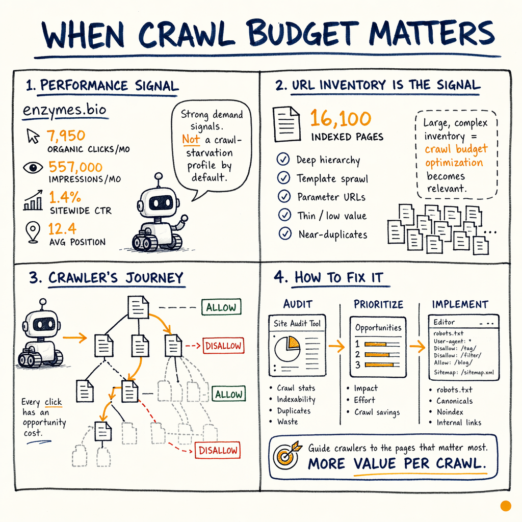 Infographic titled When Crawl Budget Matters shows four SEO crawl budget scenarios
