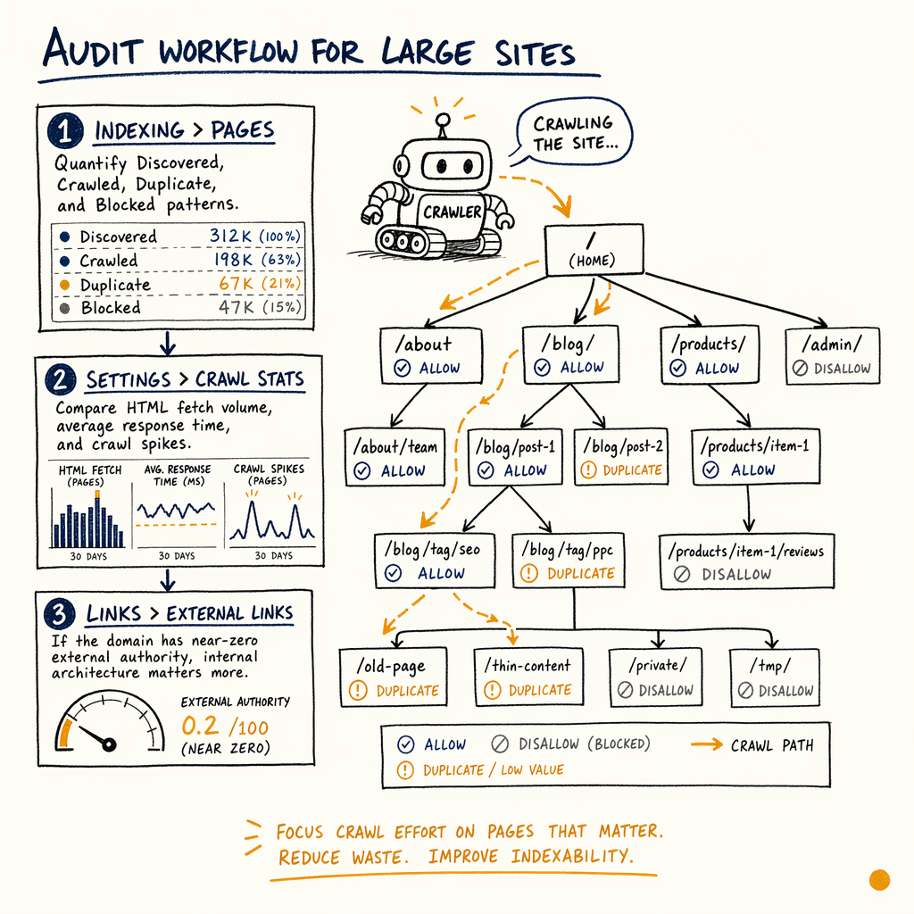 Hand-drawn audit workflow for large sites showing crawl paths, indexing, and page status labels