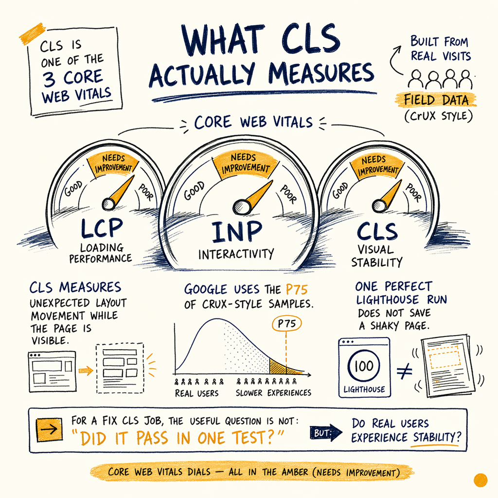 Diagram explaining CLS as one of the Core Web Vitals, with LCP and INP gauges