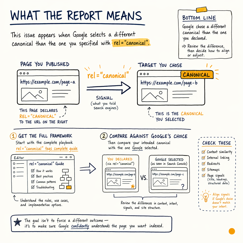 Diagram explaining Google selecting a different canonical URL than the one specified