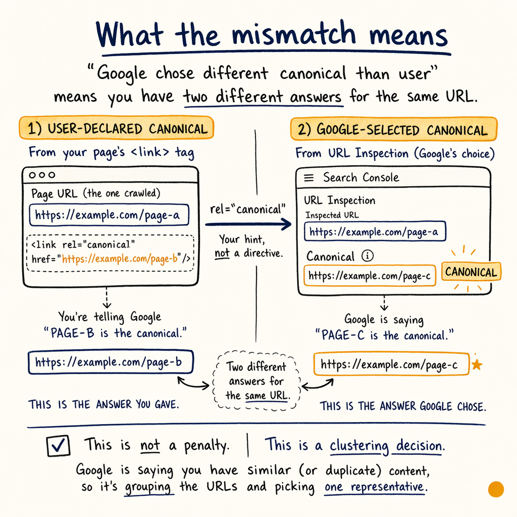 Diagram comparing user-declared and Google-selected canonical URLs for the same page