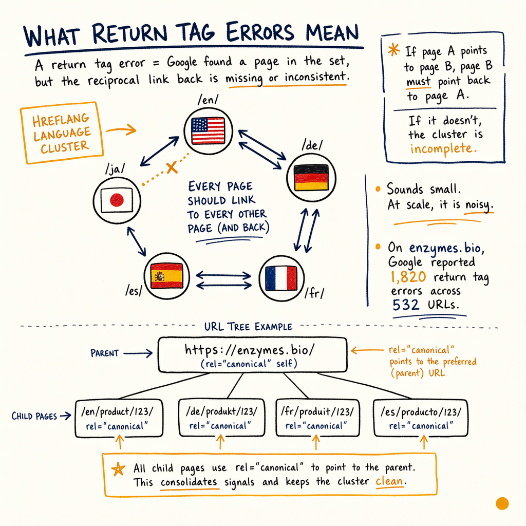 Diagram explaining hreflang return tag errors and a URL tree with canonical parent-child pages