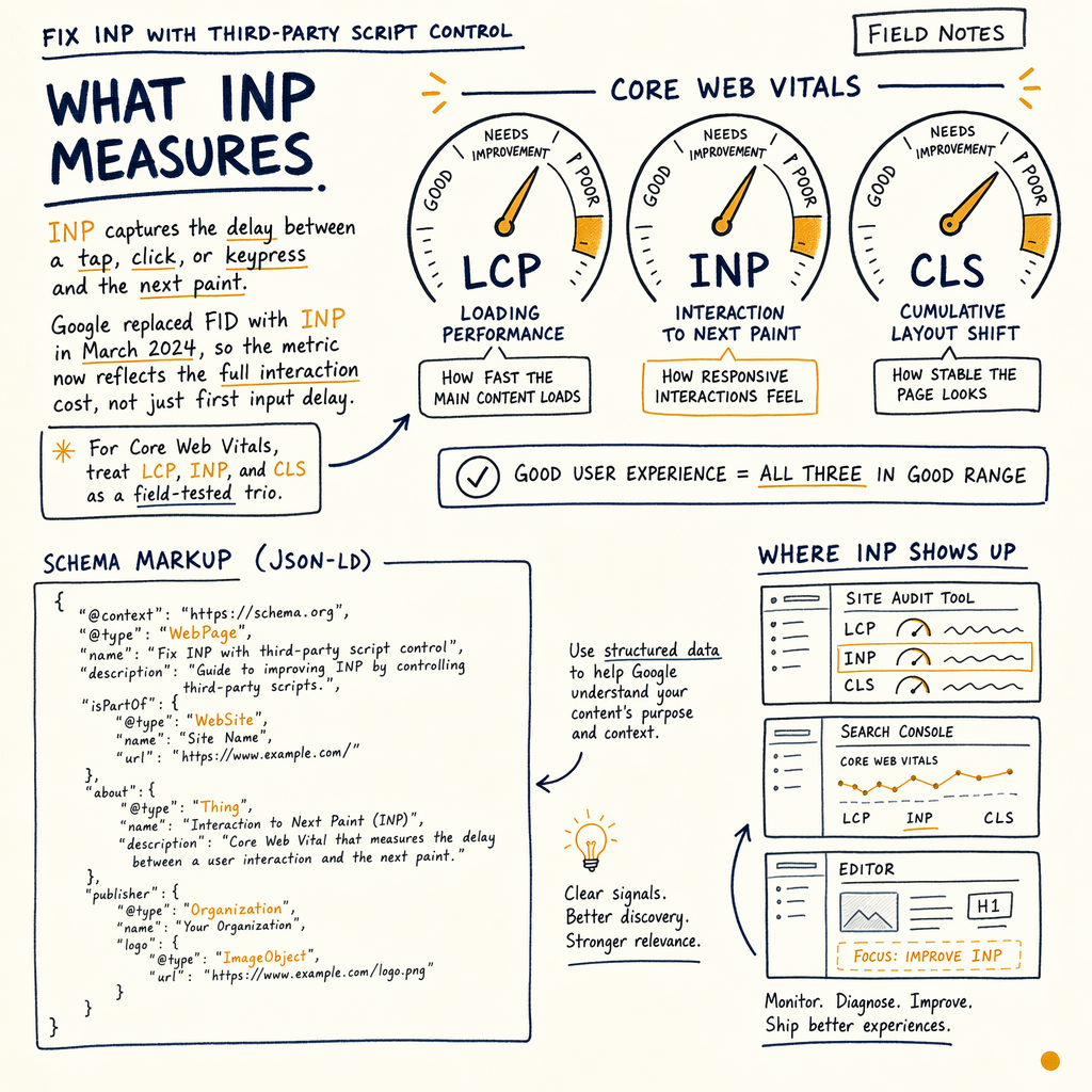 Hand-drawn explainer of Core Web Vitals, INP, LCP, CLS, and schema markup