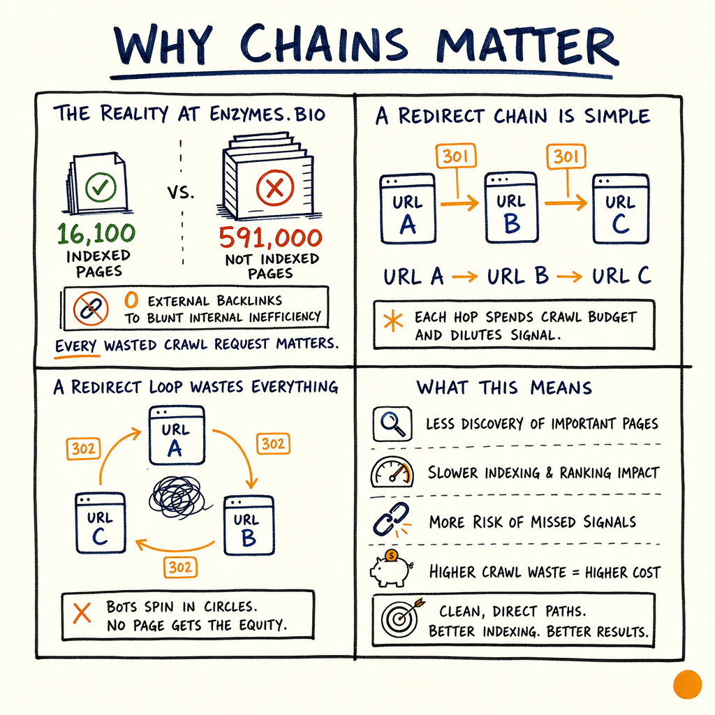 Infographic explains redirect chains versus loops and their crawl-budget and indexing impacts