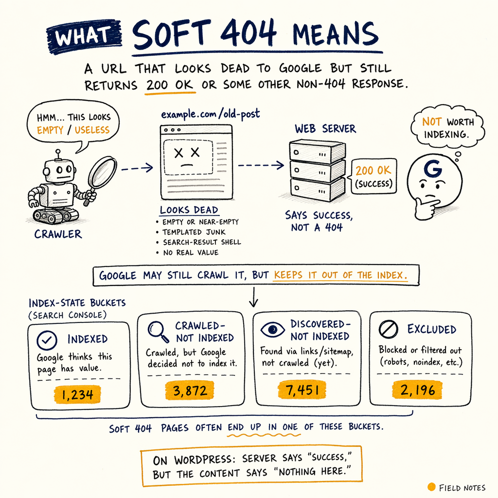 Diagram explaining soft 404 pages, Google crawl behavior, and Search Console index-state buckets