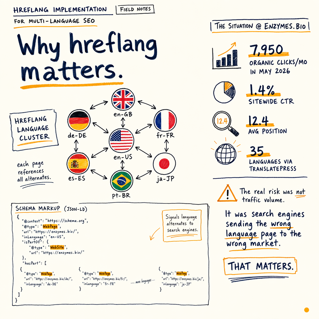 Hand-drawn hreflang implementation diagram showing language clusters, schema markup, and SEO metrics