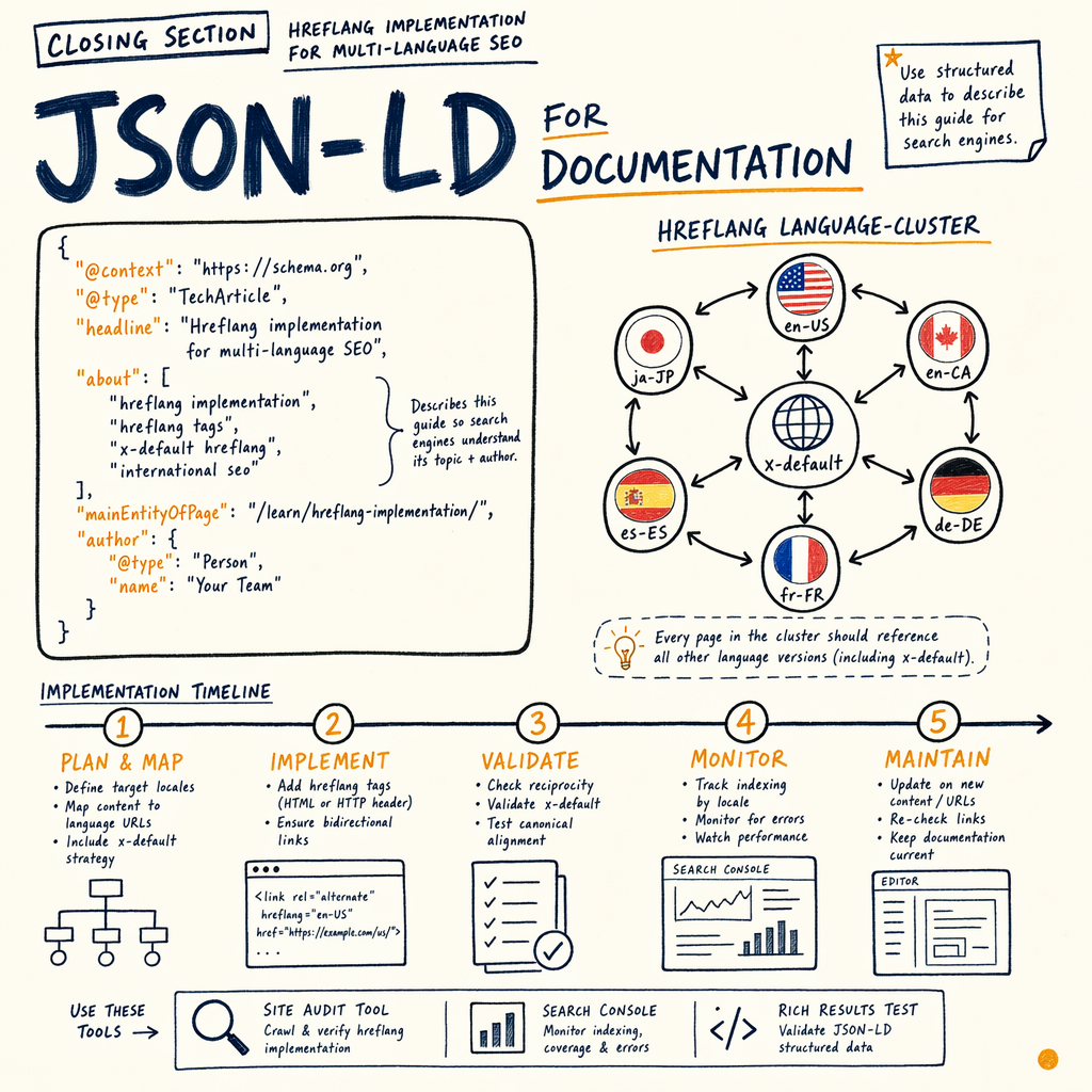 Hand-drawn infographic showing JSON-LD documentation and hreflang implementation for multi-language SEO