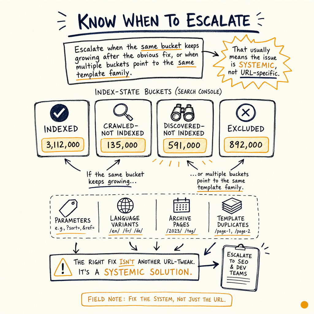 Hand-drawn SEO diagram showing index-state buckets, systemic issues, and escalation guidance