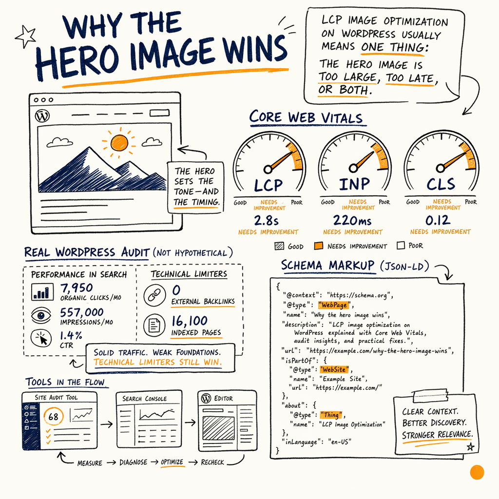 Hand-drawn infographic explains why a large hero image hurts LCP, INP, and CLS