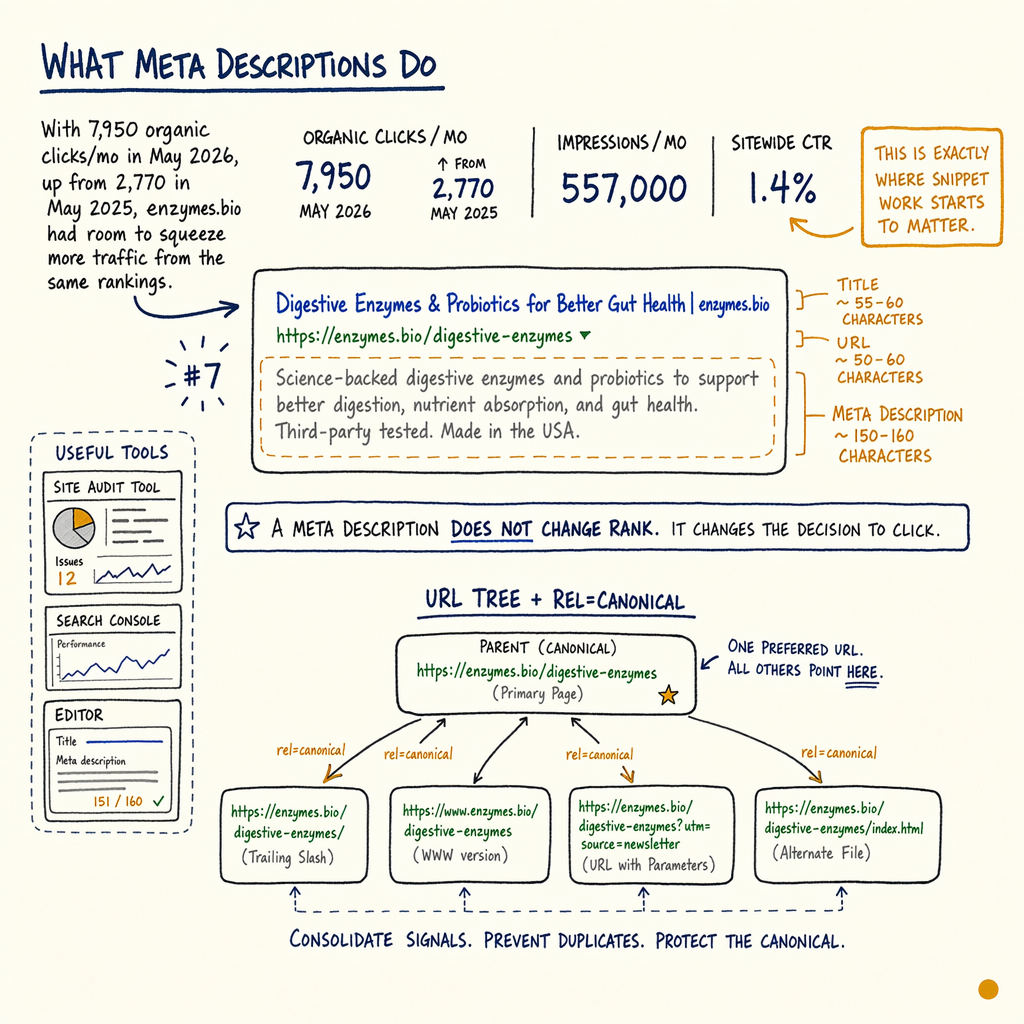 Diagram about meta descriptions, click-through metrics, and URL canonicalization for a digestive enzymes page
