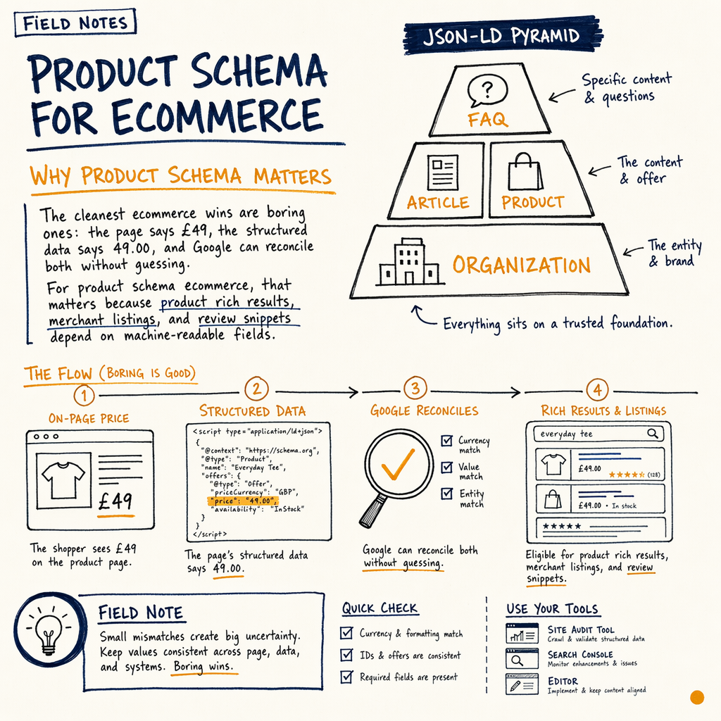 Hand-drawn infographic explaining product schema for ecommerce and JSON-LD hierarchy