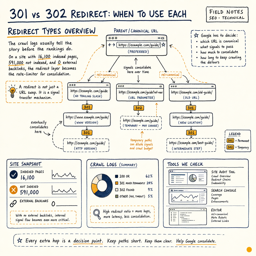 Hand-drawn SEO infographic explaining 301 versus 302 redirects, canonical URLs, and crawl-log consolidation