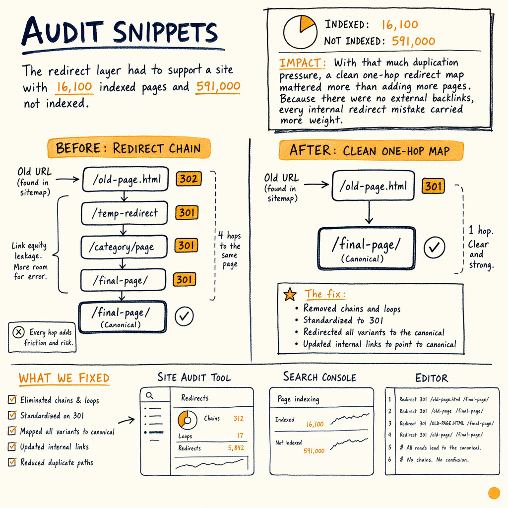 SEO audit illustration comparing redirect chain before and clean one-hop map after