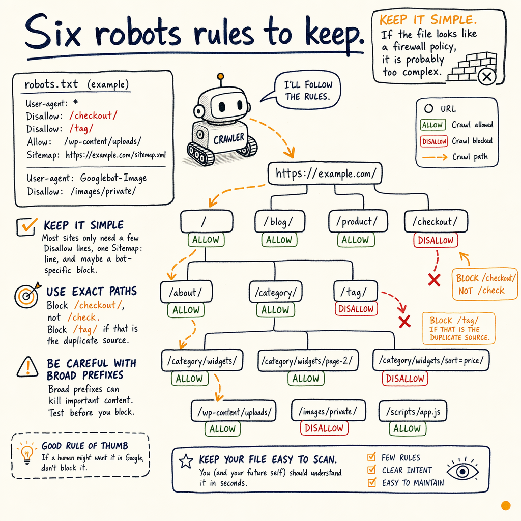 Hand-drawn diagram explaining six robots.txt rules with example allow and disallow paths