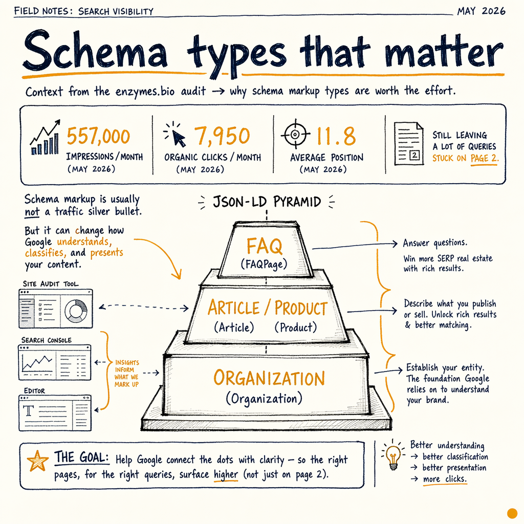 Hand-drawn infographic shows a JSON-LD pyramid of schema types and SEO metrics