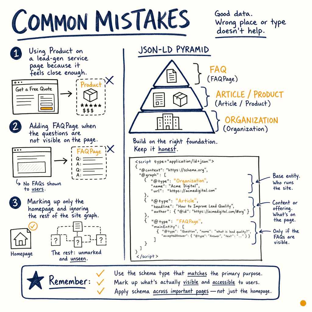 Hand-drawn diagram of common schema markup mistakes and a JSON-LD pyramid