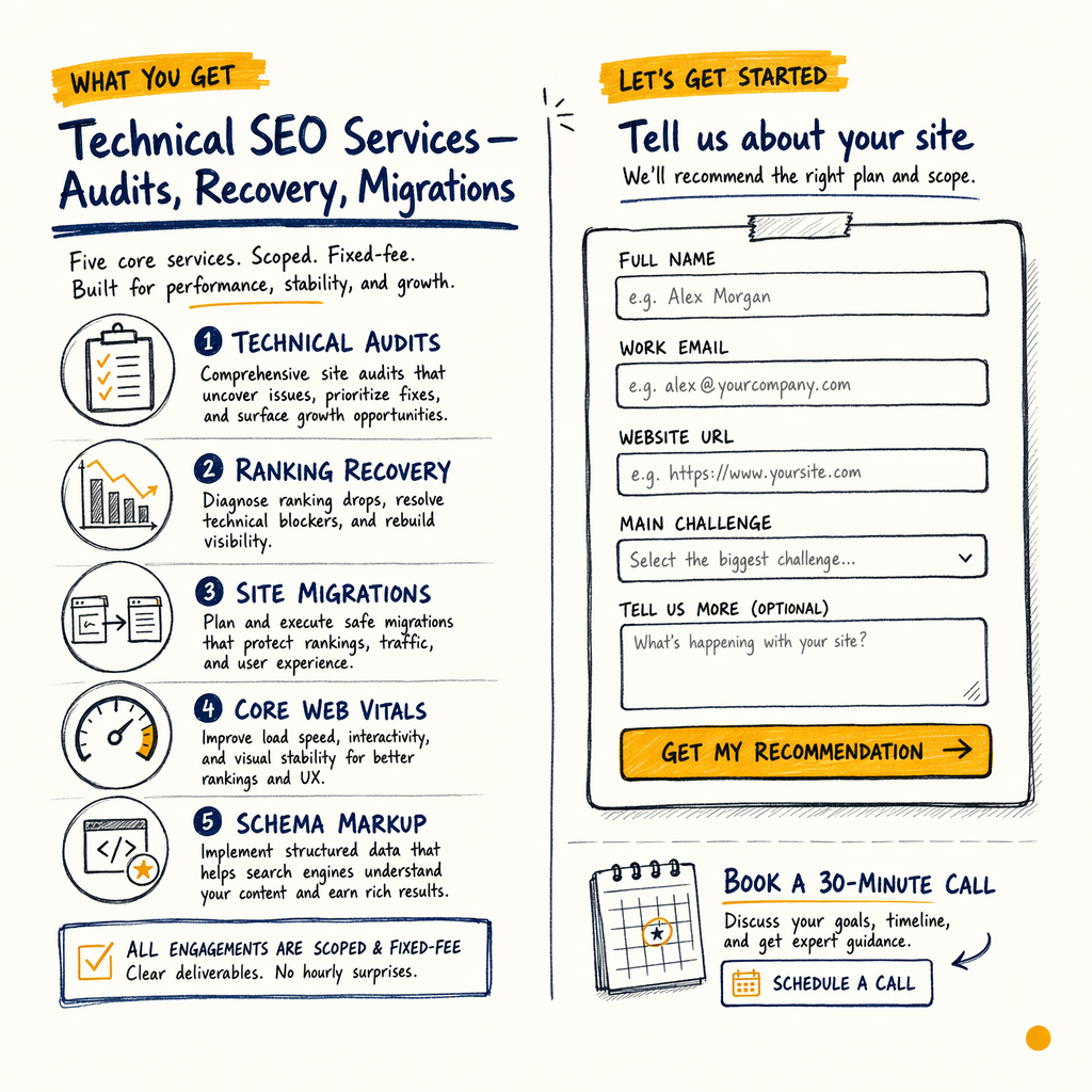 Technical SEO services list beside a lead form and calendar call-to-action