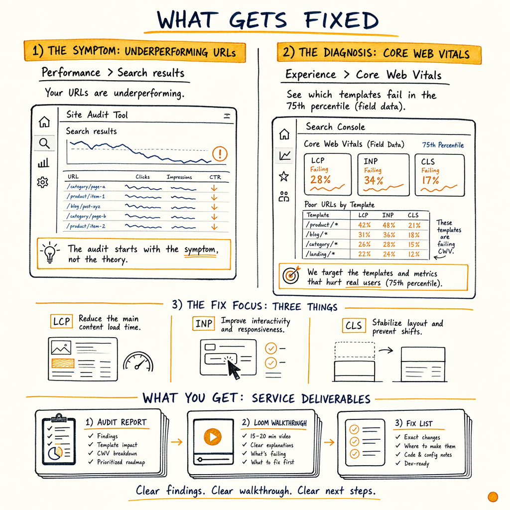 Hand-drawn SEO workflow diagram linking underperforming URLs, Core Web Vitals diagnosis, fixes, and deliverables