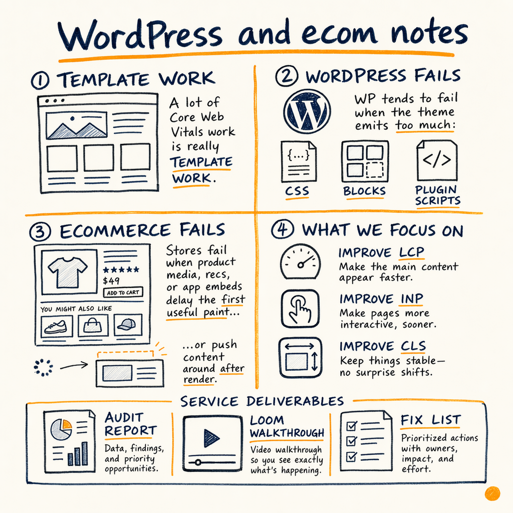 Hand-drawn chart compares WordPress template work, failure causes, focus areas, and deliverables