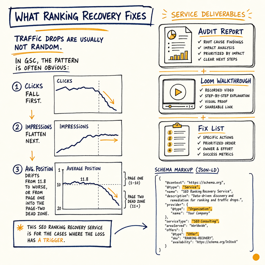 Hand-drawn SEO ranking recovery diagram showing traffic drops, service deliverables, and schema markup